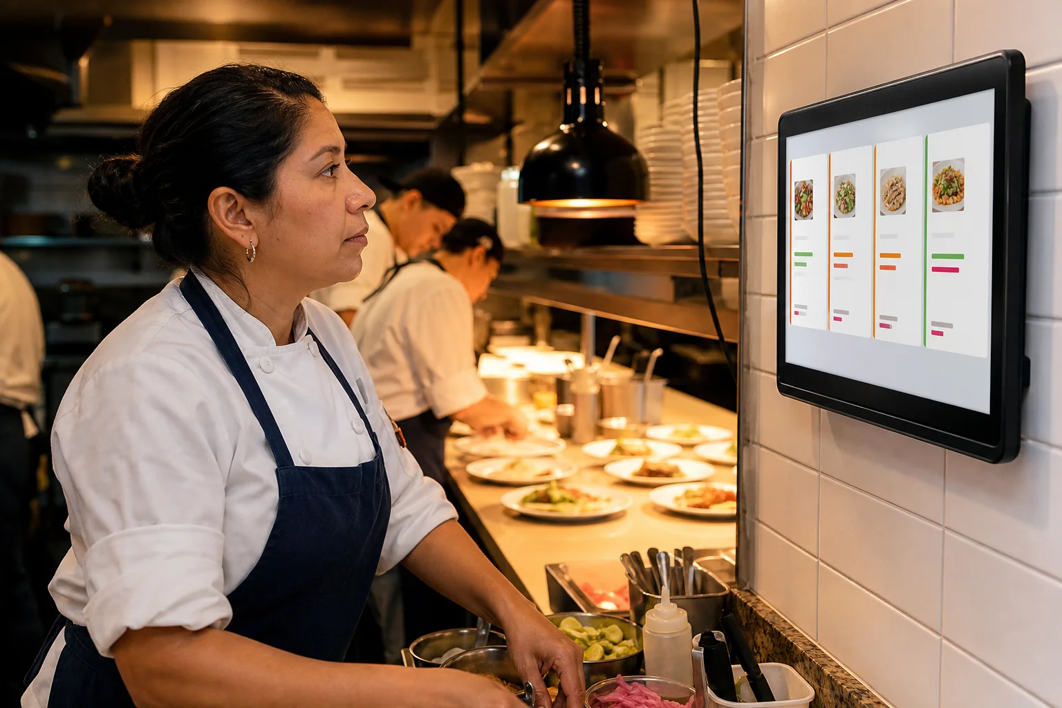 Chef recibiendo comandas digitales en cocina