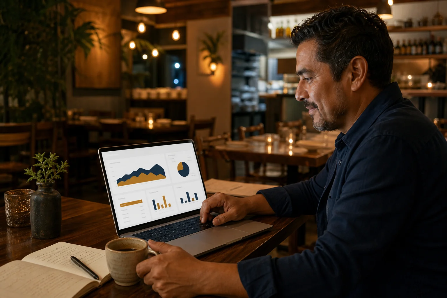 Dueño de restaurante revisando resultados con RestCore