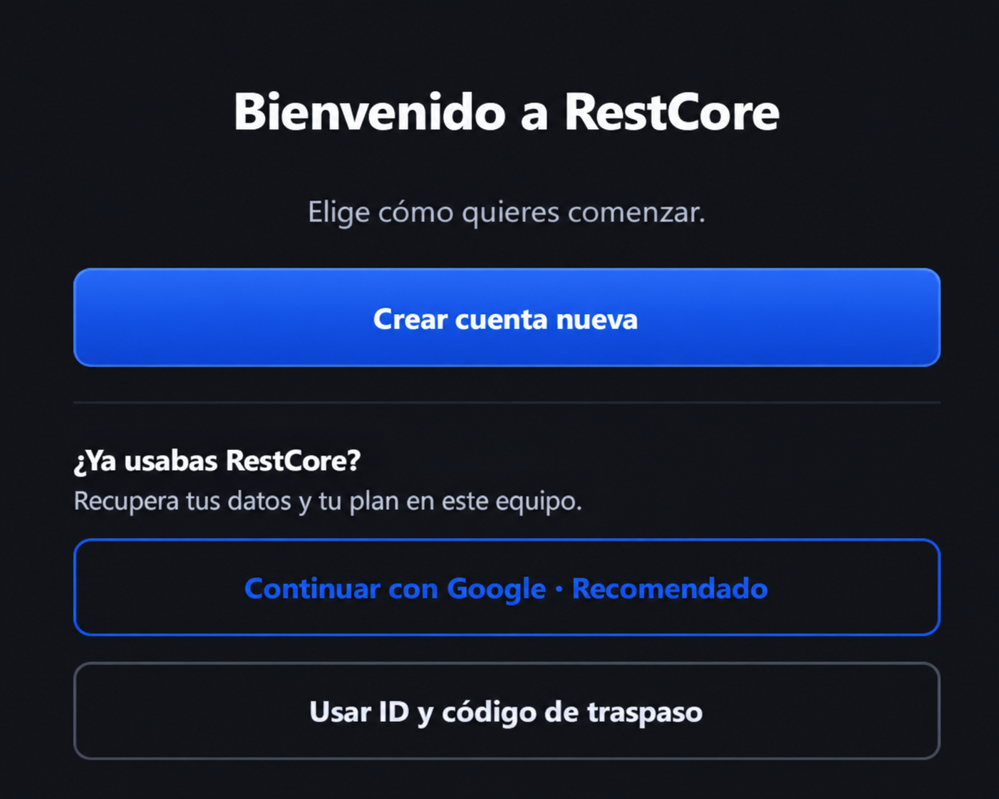 Pantalla real de bienvenida a RestCore
