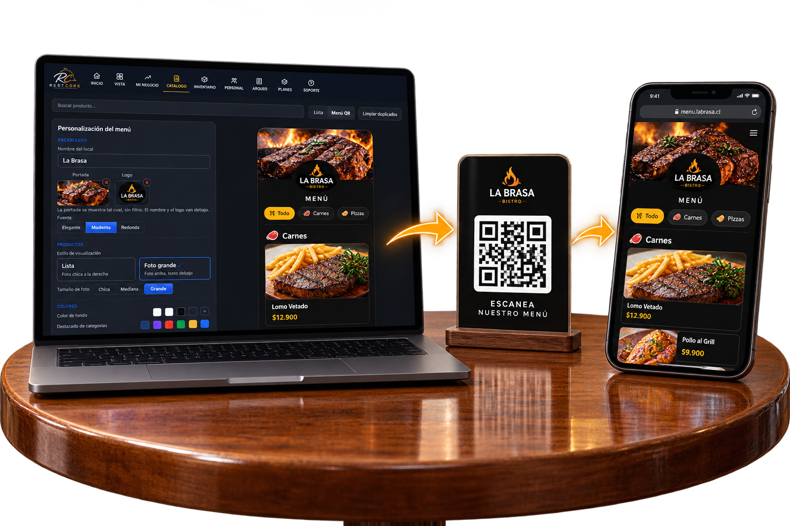 RestCore conecta el editor de menú, un código QR y la carta pública