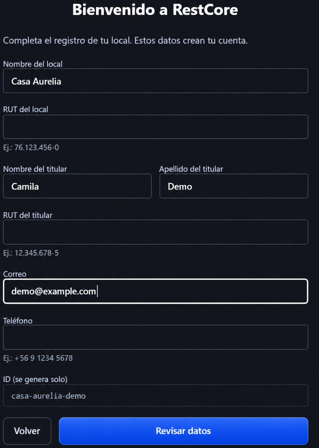 Formulario real con datos ficticios